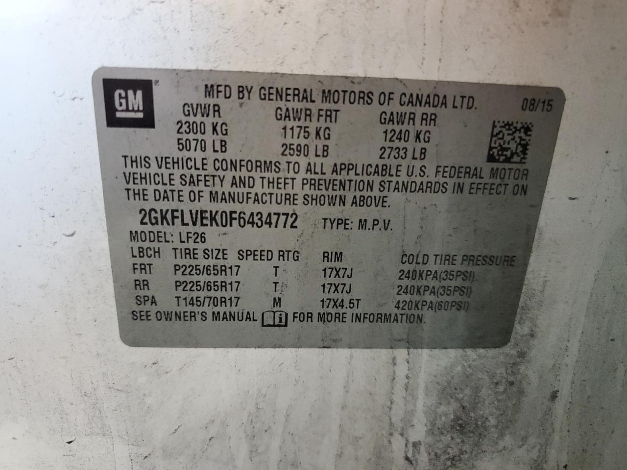 2015 GMC Terrain Sle VIN: 2GKFLVEK0F6434772 Lot: 70548605