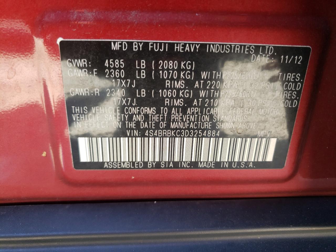 2013 Subaru Outback 2.5I Limited VIN: 4S4BRBKC3D3254884 Lot: 70812605