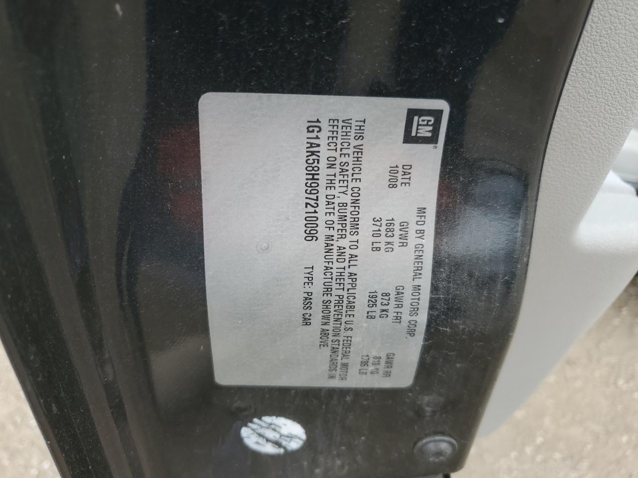 2009 Chevrolet Cobalt Ls VIN: 1G1AK58H997210096 Lot: 81085645