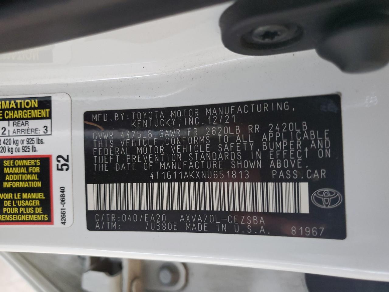 2022 Toyota Camry Se VIN: 4T1G11AKXNU651813 Lot: 81853565