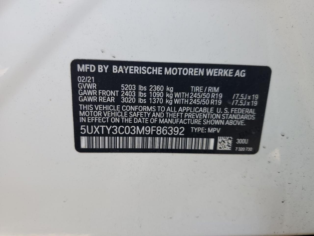 2021 BMW X3 Sdrive30I VIN: 5UXTY3C03M9F86392 Lot: 81803535