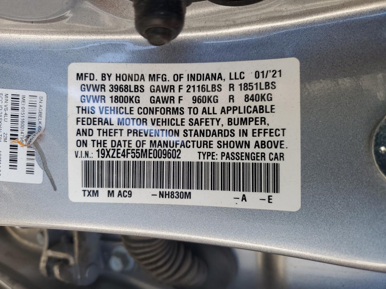 2021 Honda Insight Ex VIN: 19XZE4F55ME009602 Lot: 71748675