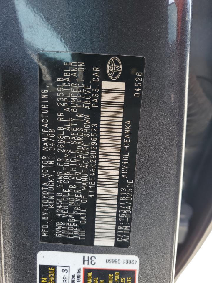 2009 Toyota Camry Base VIN: 4T1BE46K29U296523 Lot: 80359865