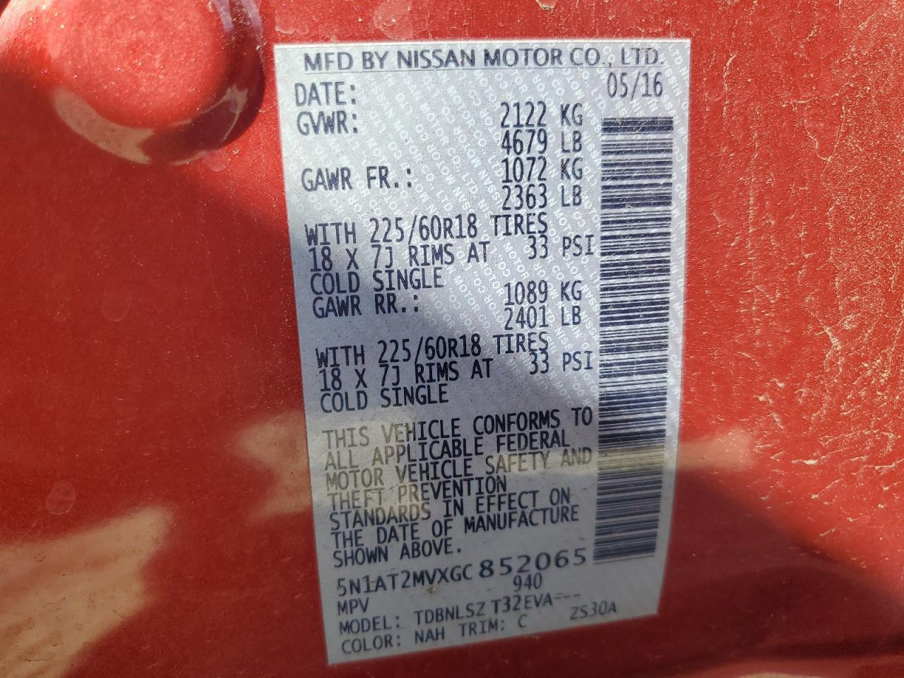 2016 Nissan Rogue S VIN: 5N1AT2MVXGC852065 Lot: 80181205