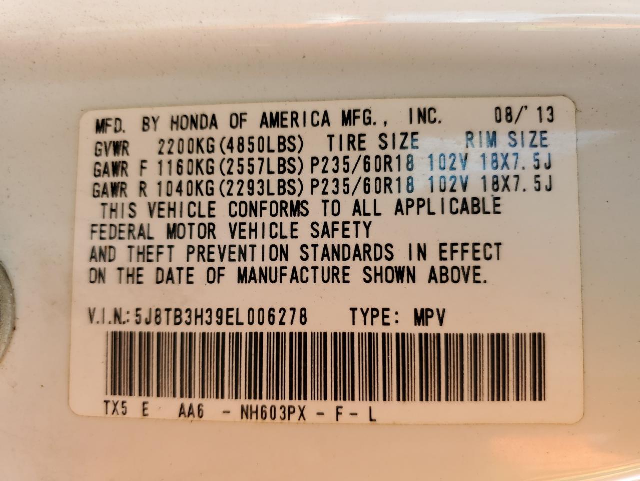 2014 Acura Rdx VIN: 5J8TB3H39EL006278 Lot: 81313715