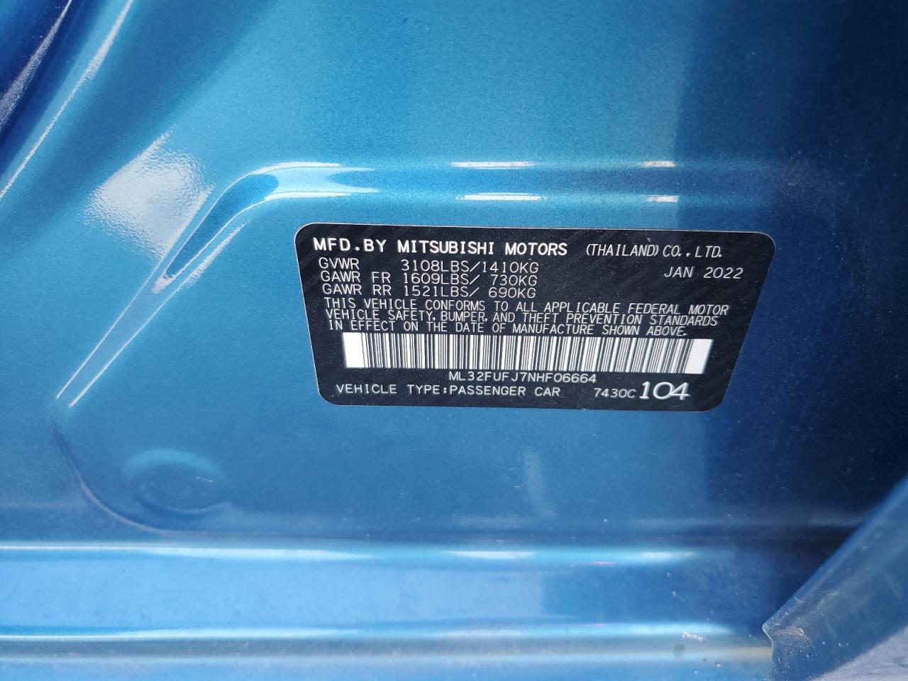 2022 Mitsubishi Mirage G4 Es VIN: ML32FUFJ7NHF06664 Lot: 81754805