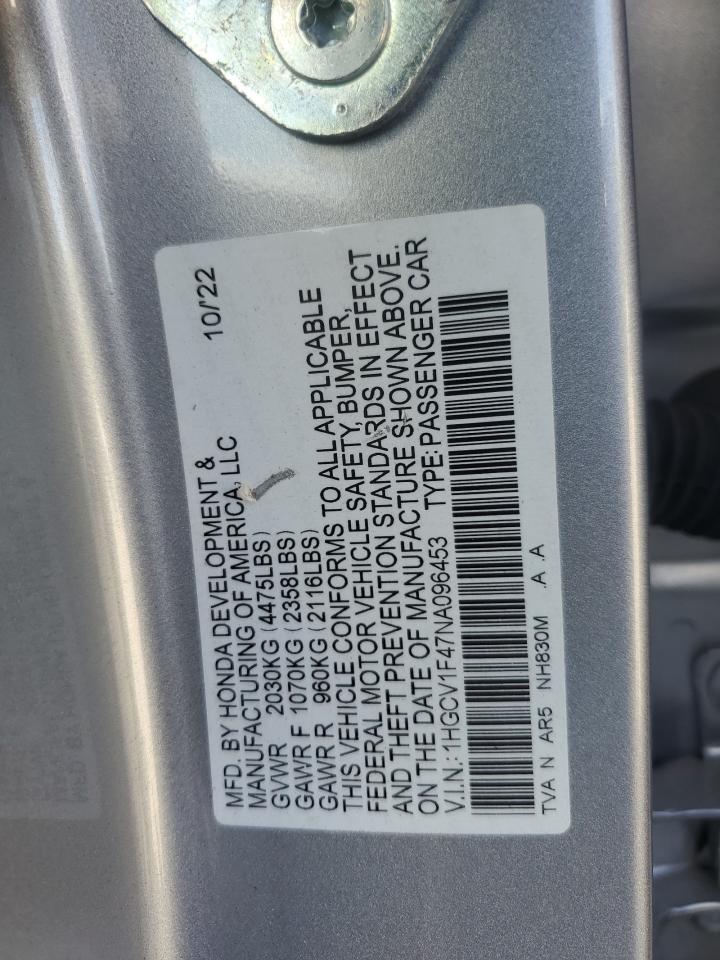 2022 Honda Accord Sport Se VIN: 1HGCV1F47NA096453 Lot: 80440595