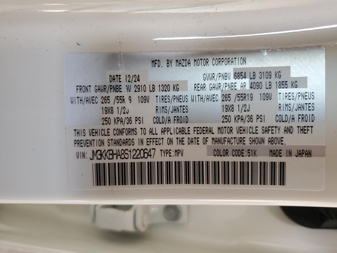 2025 Mazda Cx-90 Preferred VIN: JM3KKBHA8S1220647 Lot: 81310665