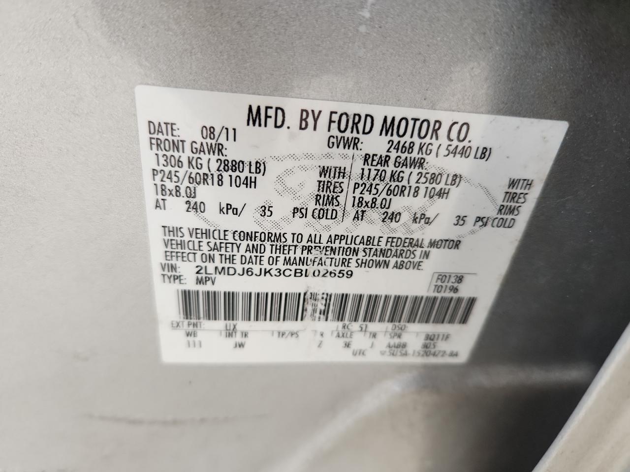 2012 Lincoln Mkx VIN: 2LMDJ6JK3CBL02659 Lot: 71636615