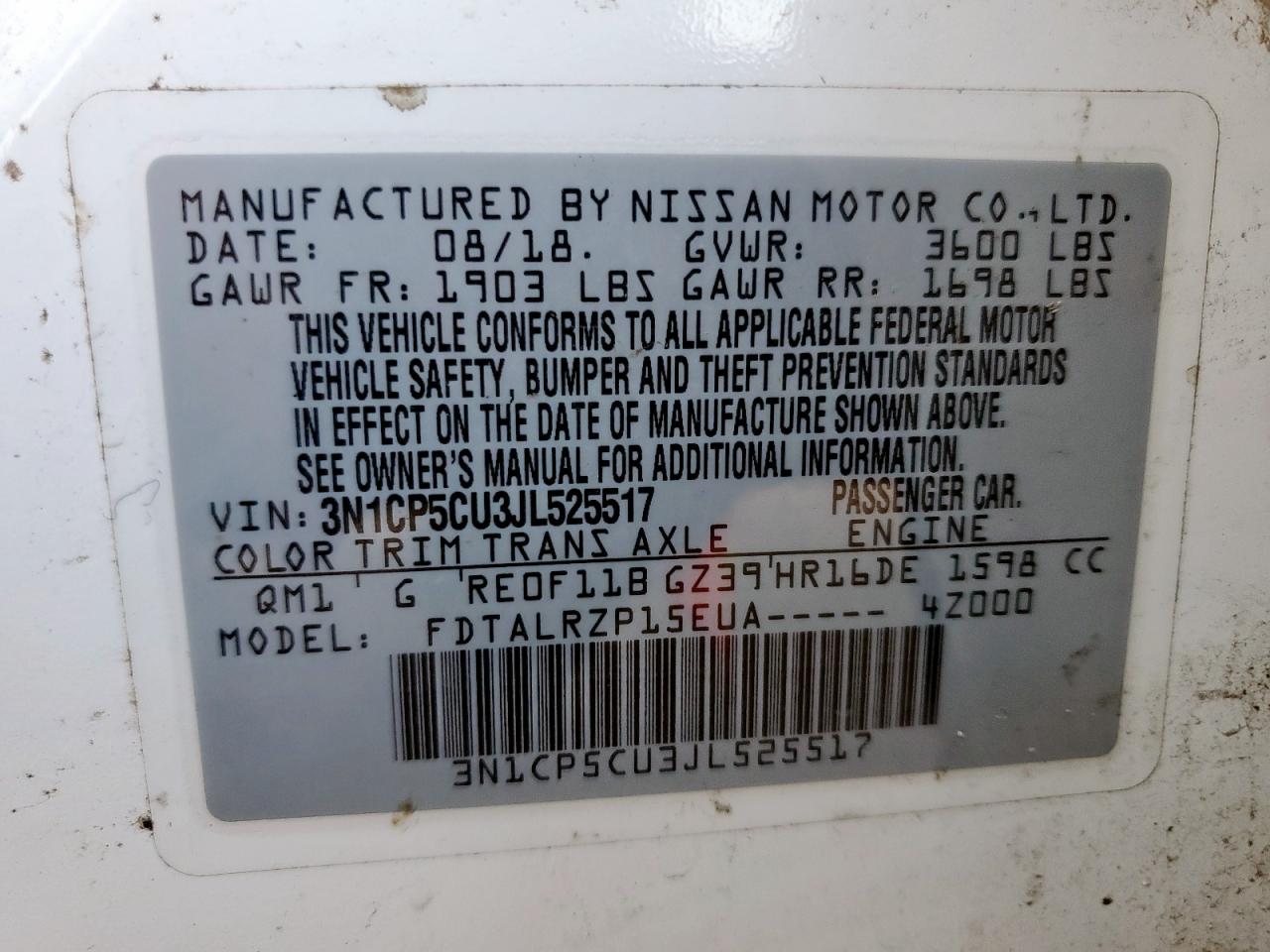 2018 Nissan Kicks S VIN: 3N1CP5CU3JL525517 Lot: 71822025