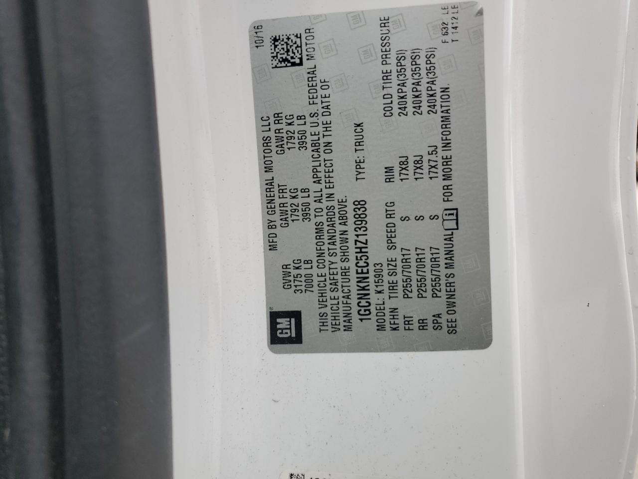 2017 Chevrolet Silverado K1500 VIN: 1GCNKNEC5HZ139838 Lot: 80612425