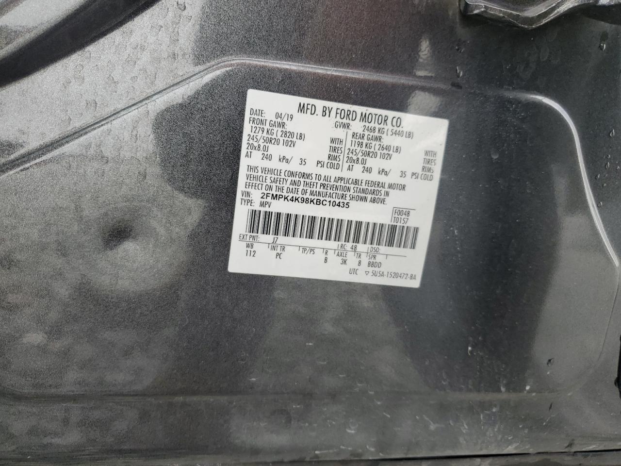 2019 Ford Edge Titanium VIN: 2FMPK4K98KBC10435 Lot: 80084015