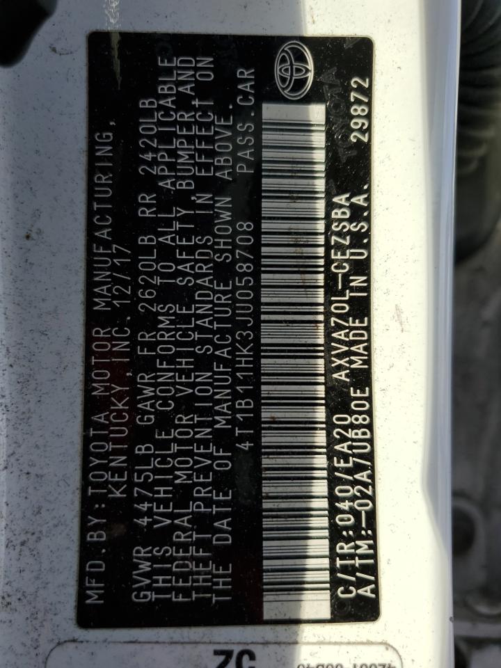 2018 Toyota Camry L VIN: 4T1B11HK3JU058708 Lot: 84219505