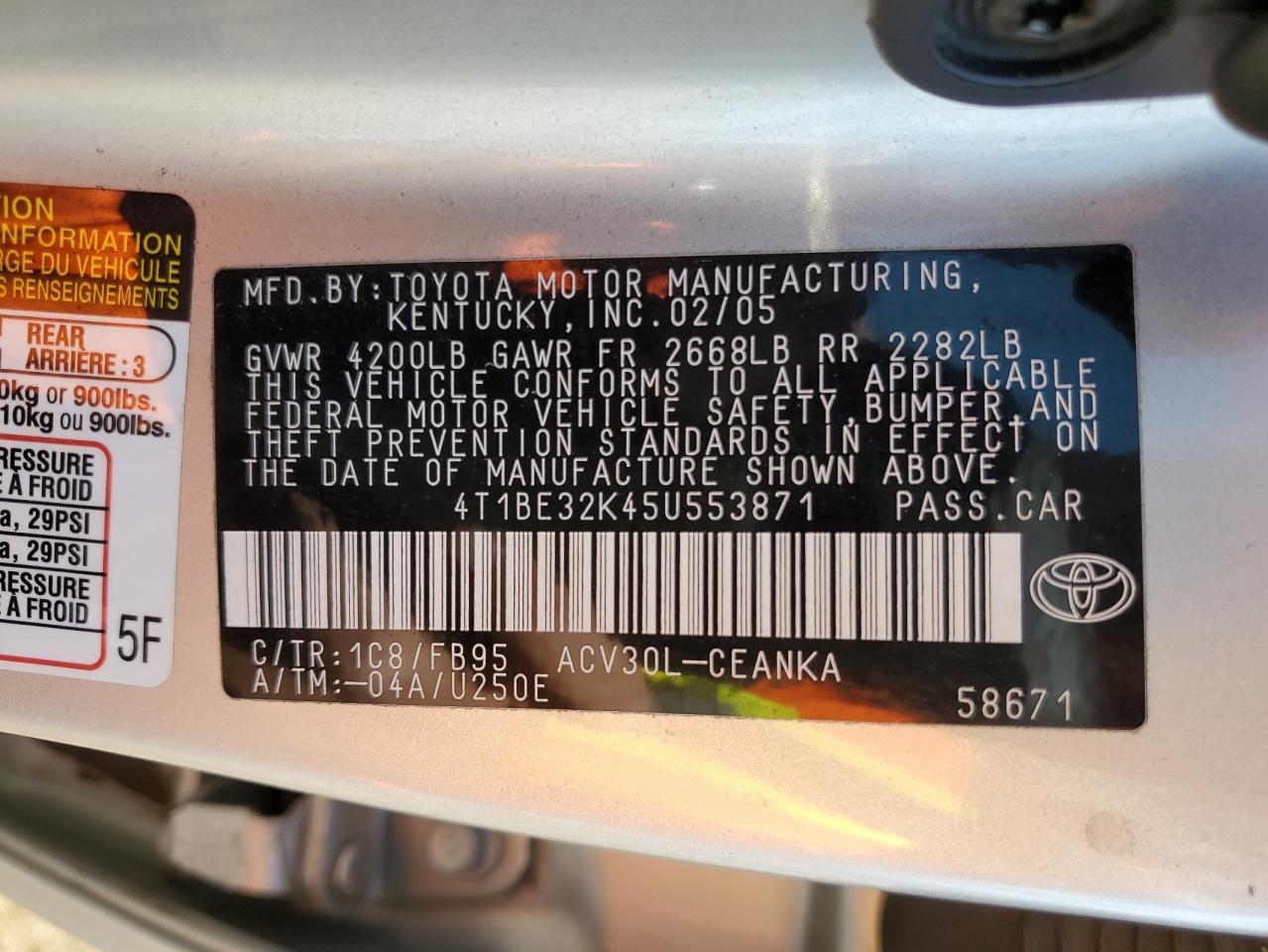 2005 Toyota Camry Le VIN: 4T1BE32K45U553871 Lot: 80405685