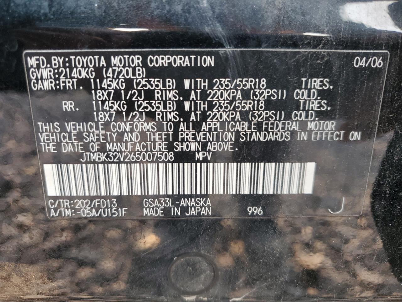 2006 Toyota Rav4 Sport VIN: JTMBK32V265007508 Lot: 71673395