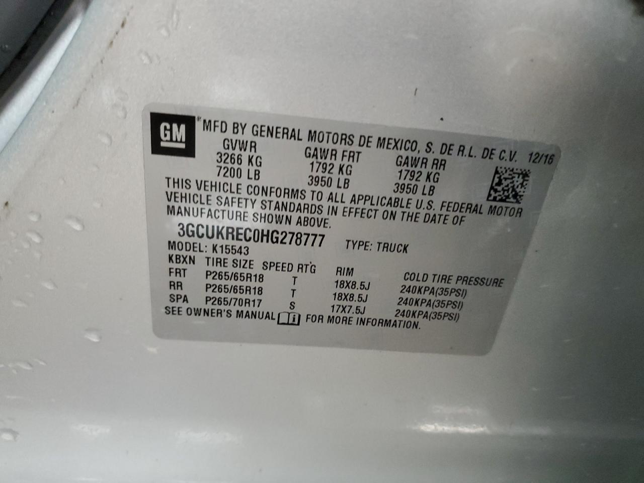 2017 Chevrolet Silverado K1500 Lt VIN: 3GCUKREC0HG278777 Lot: 80163345