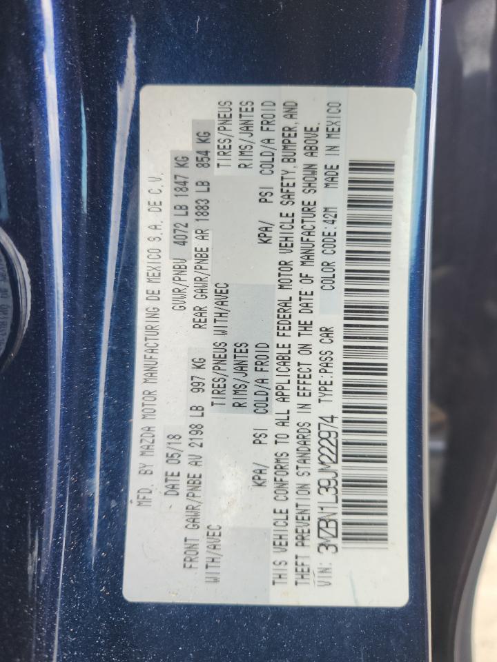 2018 Mazda 3 Touring VIN: 3MZBN1L39JM222974 Lot: 80058655