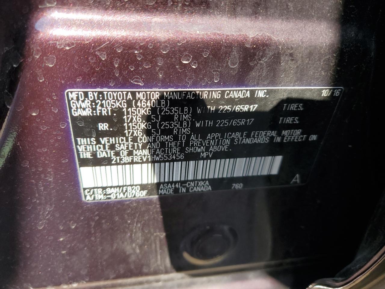 2017 Toyota Rav4 Le VIN: 2T3BFREV1HW553456 Lot: 80179715