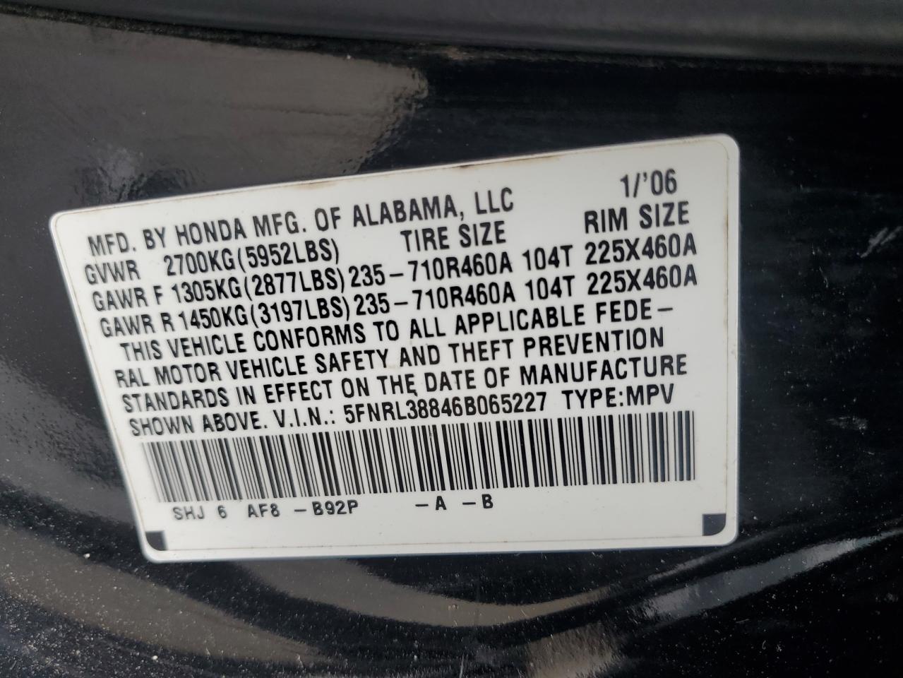 2006 Honda Odyssey Touring VIN: 5FNRL38846B065227 Lot: 71784065