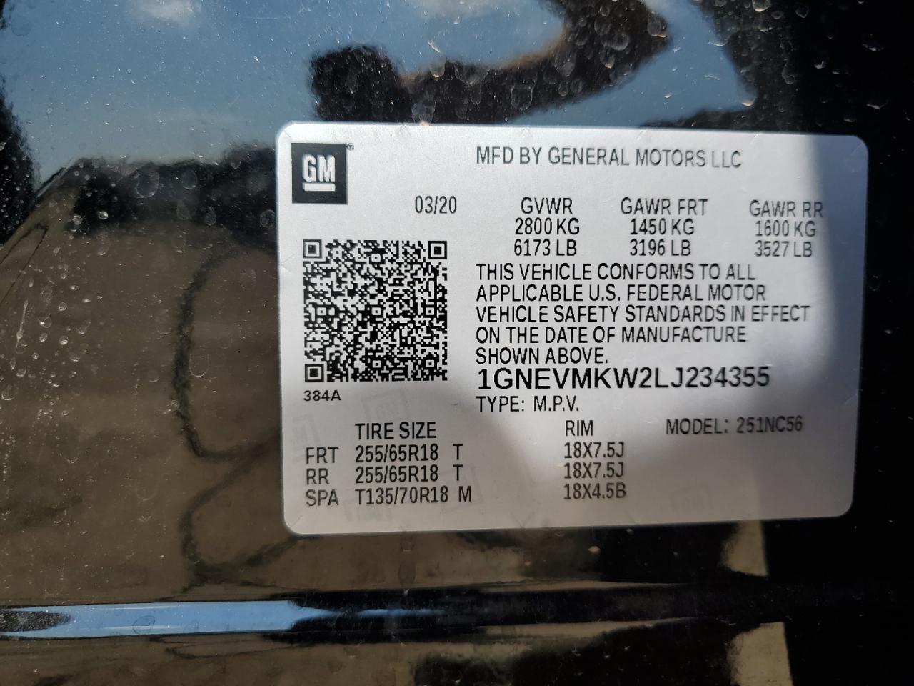 2020 Chevrolet Traverse Lt VIN: 1GNEVMKW2LJ234355 Lot: 80309245