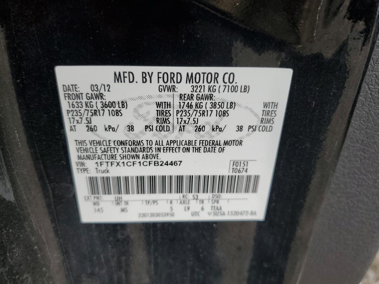 2012 Ford F150 Super Cab VIN: 1FTFX1CF1CFB24467 Lot: 81396145