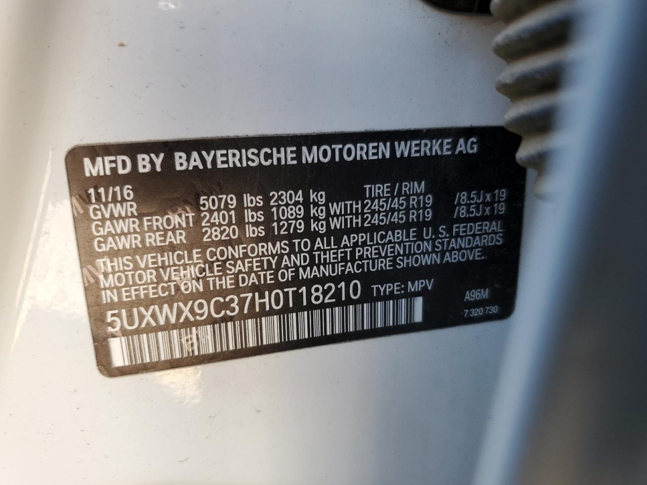 2017 BMW X3 xDrive28I VIN: 5UXWX9C37H0T18210 Lot: 84014865