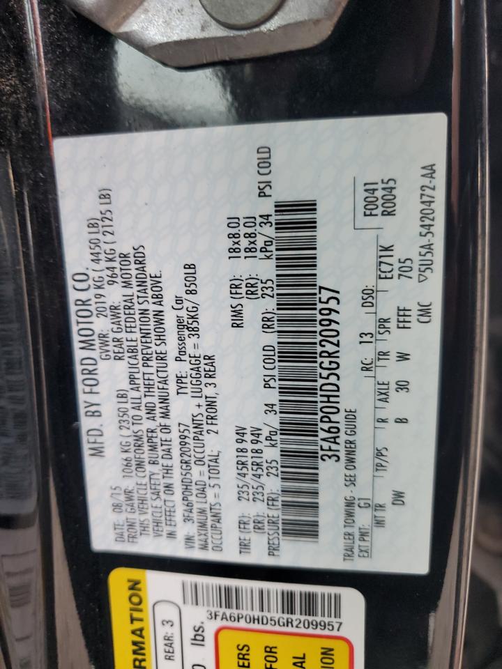 2016 Ford Fusion Se VIN: 3FA6P0HD5GR209957 Lot: 84240535