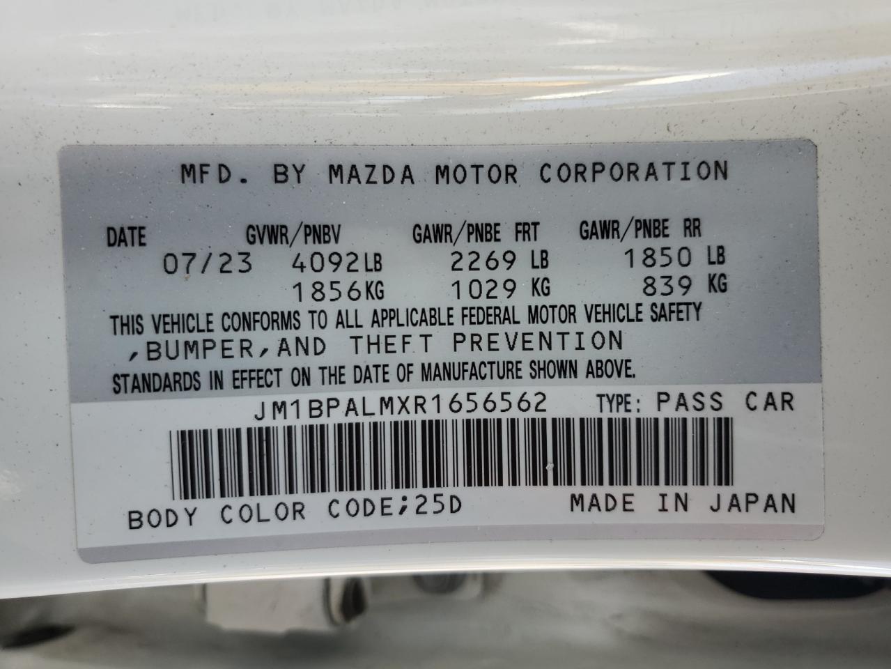 2024 Mazda 3 Preferred VIN: JM1BPALMXR1656562 Lot: 84042535