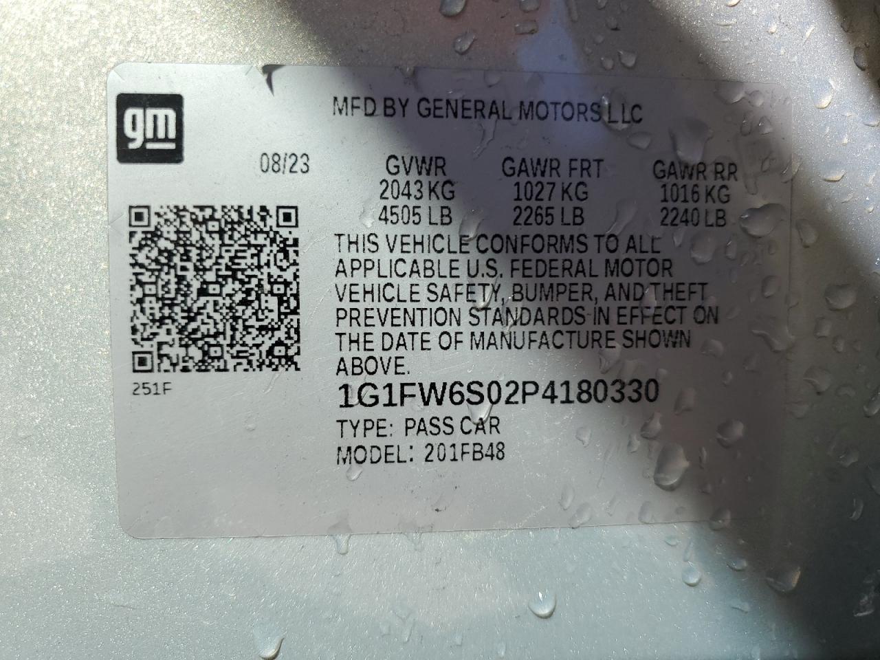 2023 Chevrolet Bolt Ev 1Lt VIN: 1G1FW6S02P4180330 Lot: 84536095