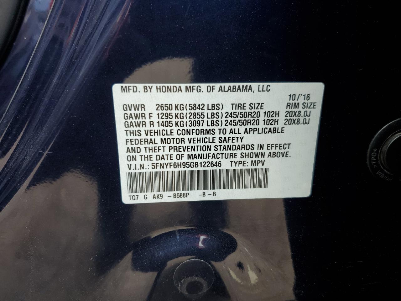 2016 Honda Pilot Touring VIN: 5FNYF6H95GB122646 Lot: 81077805