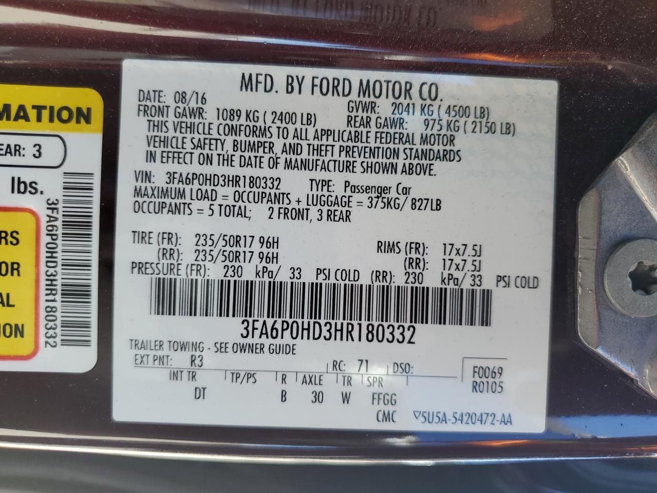 2017 Ford Fusion Se VIN: 3FA6P0HD3HR180332 Lot: 81687625