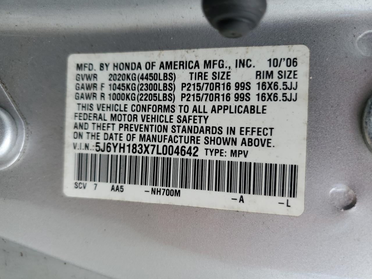 2007 Honda Element Lx VIN: 5J6YH183X7L004642 Lot: 71715665