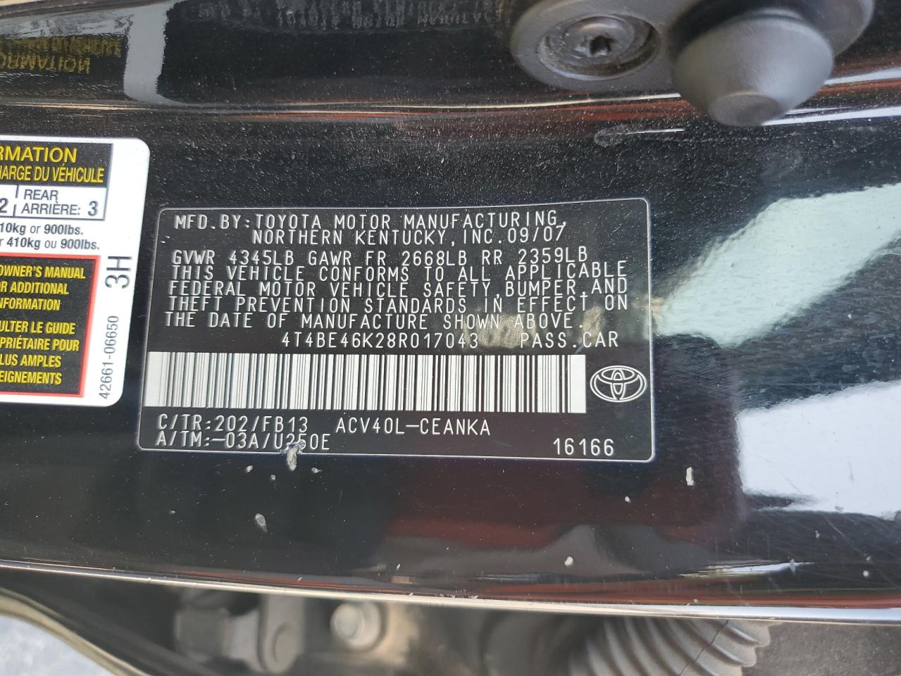 2008 Toyota Camry Ce VIN: 4T4BE46K28R017043 Lot: 80729175