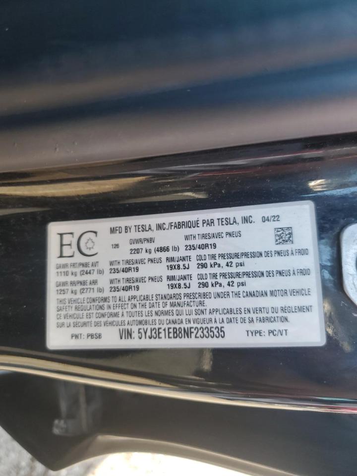 2022 Tesla Model 3 VIN: 5YJ3E1EB8NF233535 Lot: 83905195