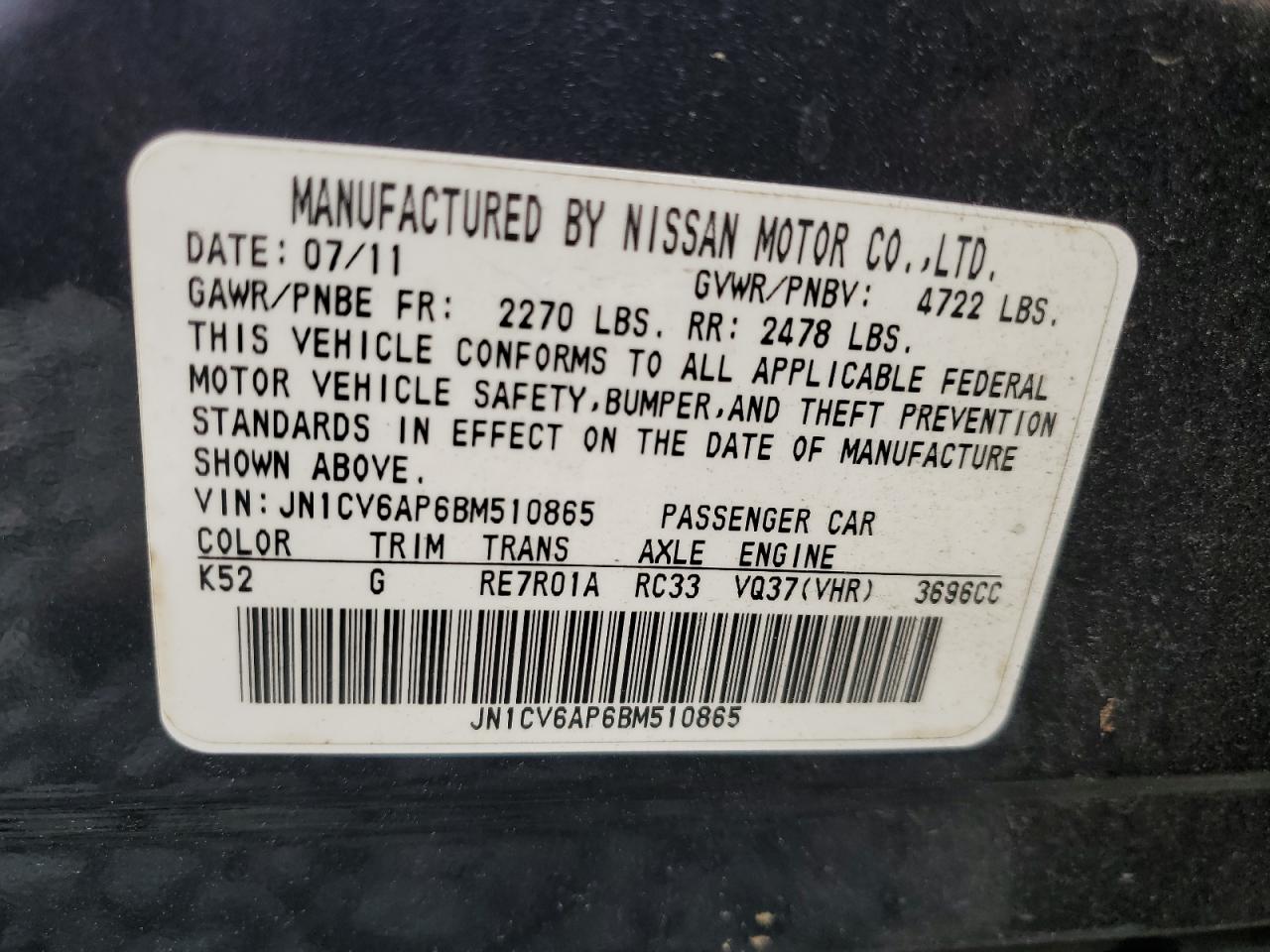 2011 Infiniti G37 Base VIN: JN1CV6AP6BM510865 Lot: 84187305