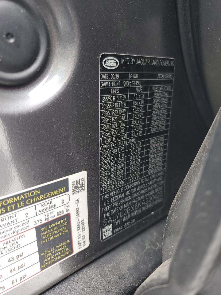 2019 Land Rover Range Rover Velar R-Dynamic Se VIN: SALYL2EX6KA220423 Lot: 81026785