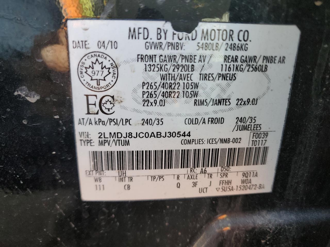 2010 Lincoln Mkx VIN: 2LMDJ8JC0ABJ30544 Lot: 81901165