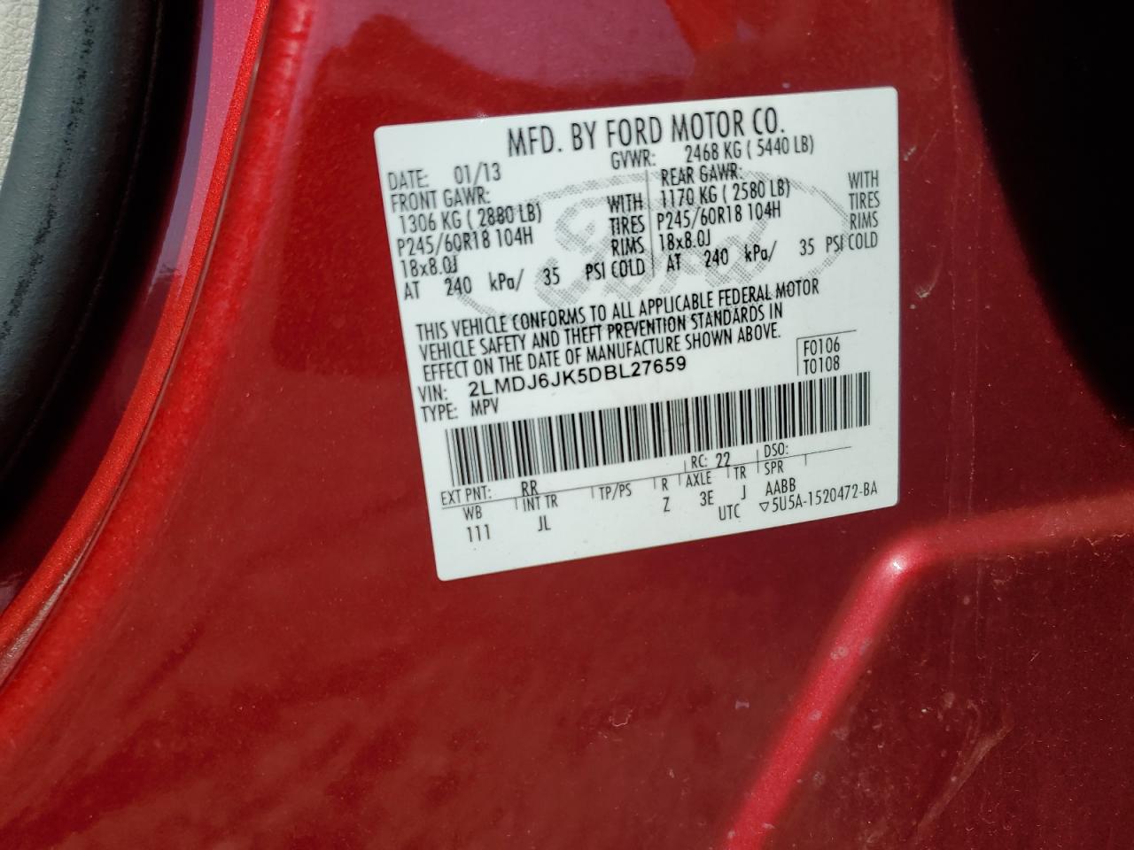 2013 Lincoln Mkx VIN: 2LMDJ6JK5DBL27659 Lot: 70818495