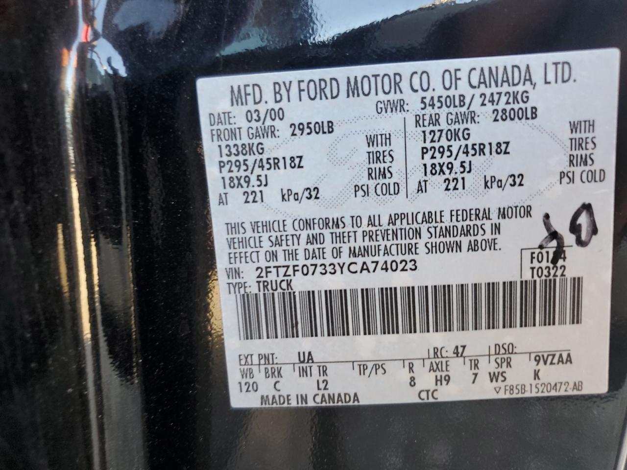 2000 Ford F150 Svt Lightning VIN: 2FTZF0733YCA74023 Lot: 81851265