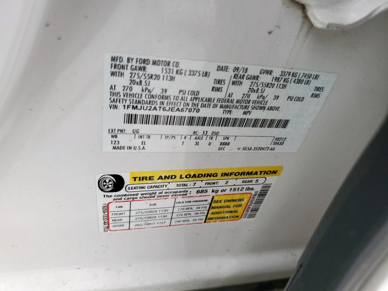 2018 Ford Expedition Limited VIN: 1FMJU2AT6JEA67070 Lot: 84462925