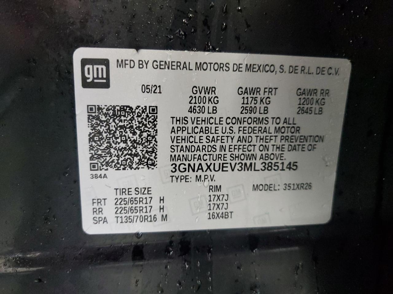 2021 Chevrolet Equinox Lt VIN: 3GNAXUEV3ML385145 Lot: 84210075