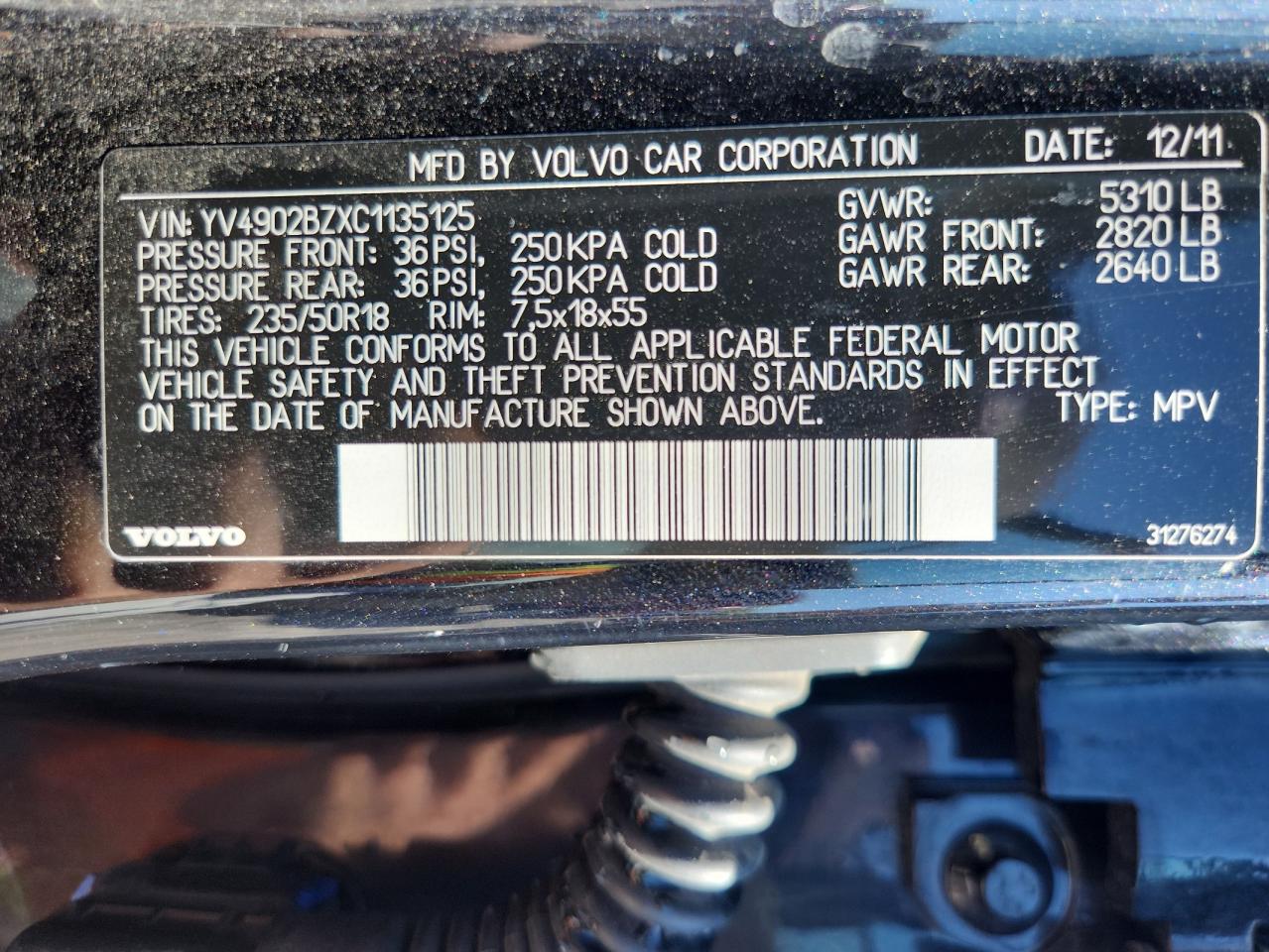 2012 Volvo Xc70 T6 VIN: YV4902BZXC1135125 Lot: 80117905