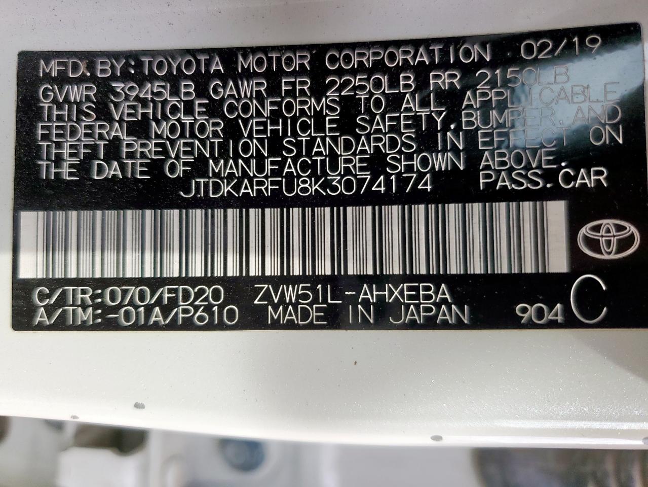 2019 Toyota Prius VIN: JTDKARFU8K3074174 Lot: 81657435