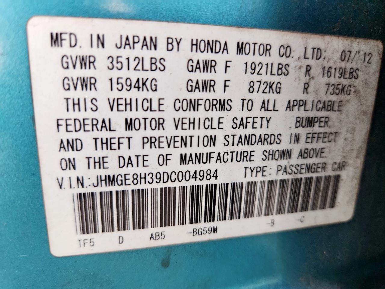 2013 Honda Fit VIN: JHMGE8H39DC004984 Lot: 81668975