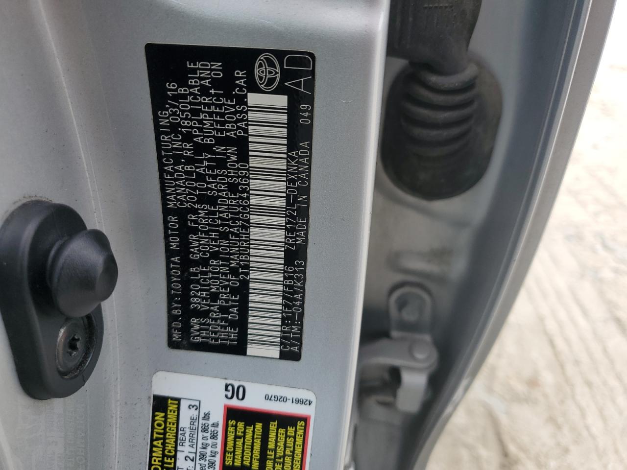 2016 Toyota Corolla L VIN: 2T1BURHE7GC643690 Lot: 83965975