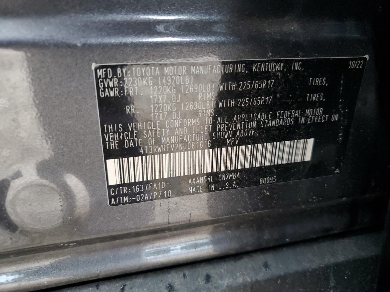 2022 Toyota Rav4 Xle VIN: 4T3RWRFV2NU081616 Lot: 84189955