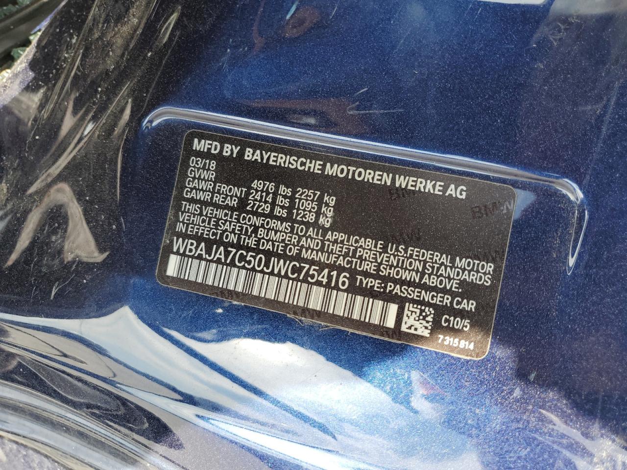 2018 BMW 530 Xi VIN: WBAJA7C50JWC75416 Lot: 71921925