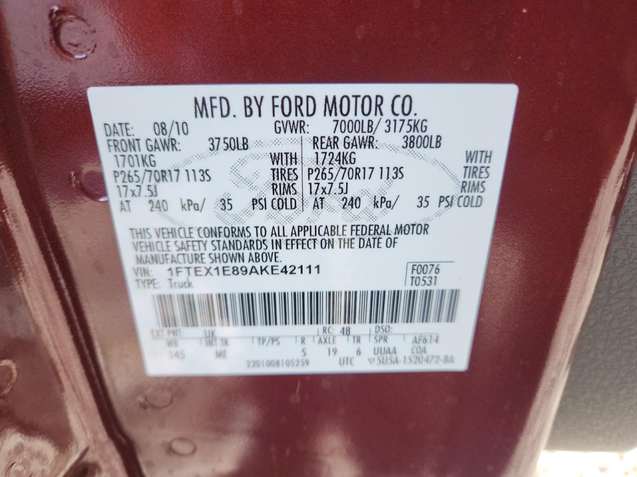 2010 Ford F150 Super Cab VIN: 1FTEX1E89AKE42111 Lot: 71475785