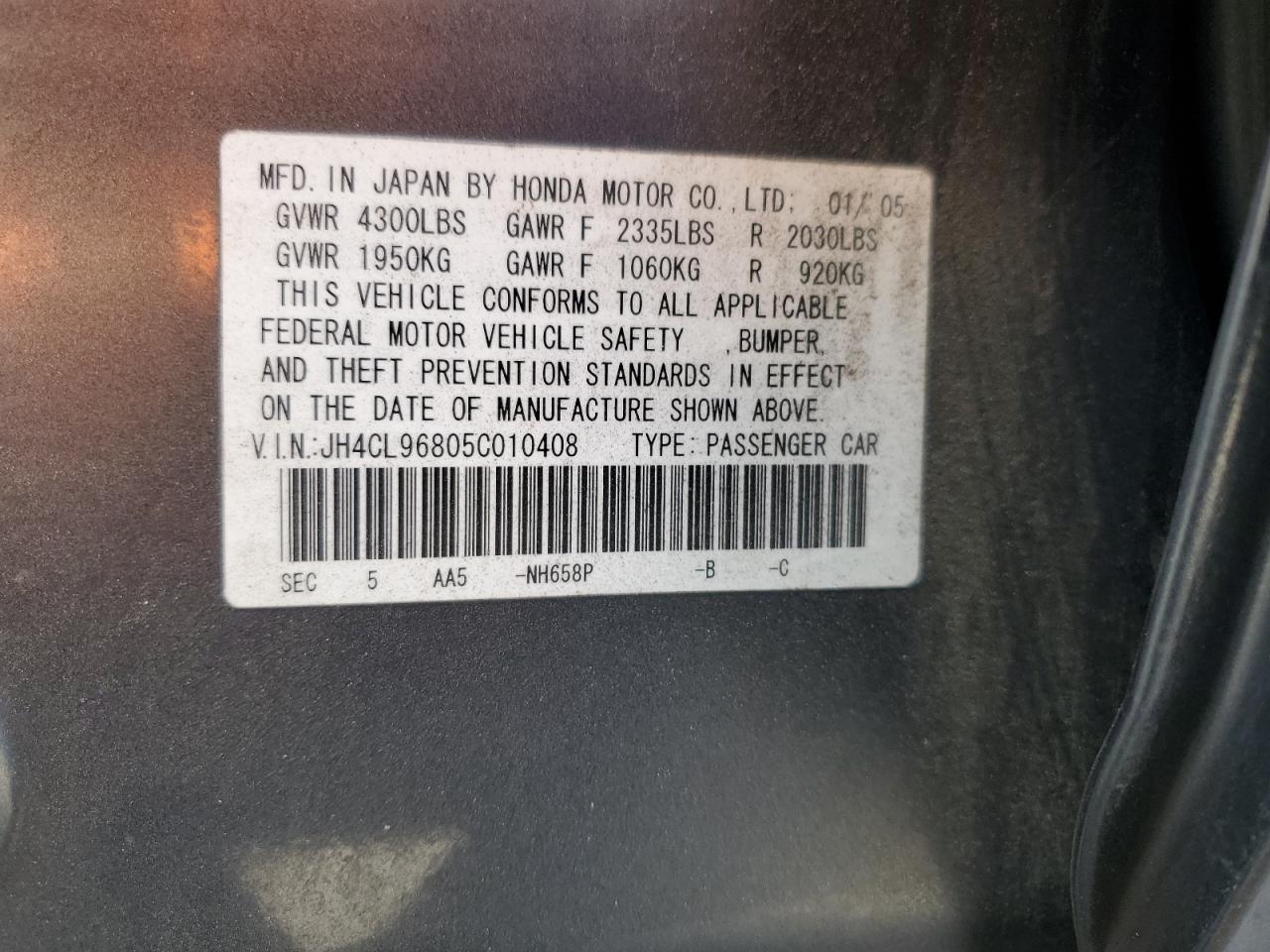 2005 Acura Tsx VIN: JH4CL96805C010408 Lot: 82159215
