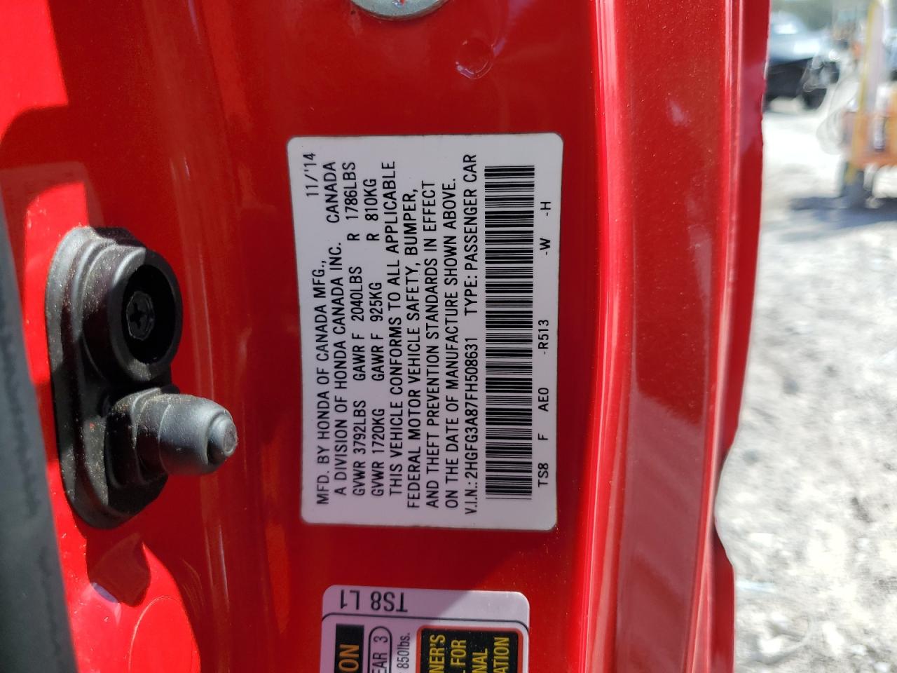 2015 Honda Civic Ex VIN: 2HGFG3A87FH508631 Lot: 84637915